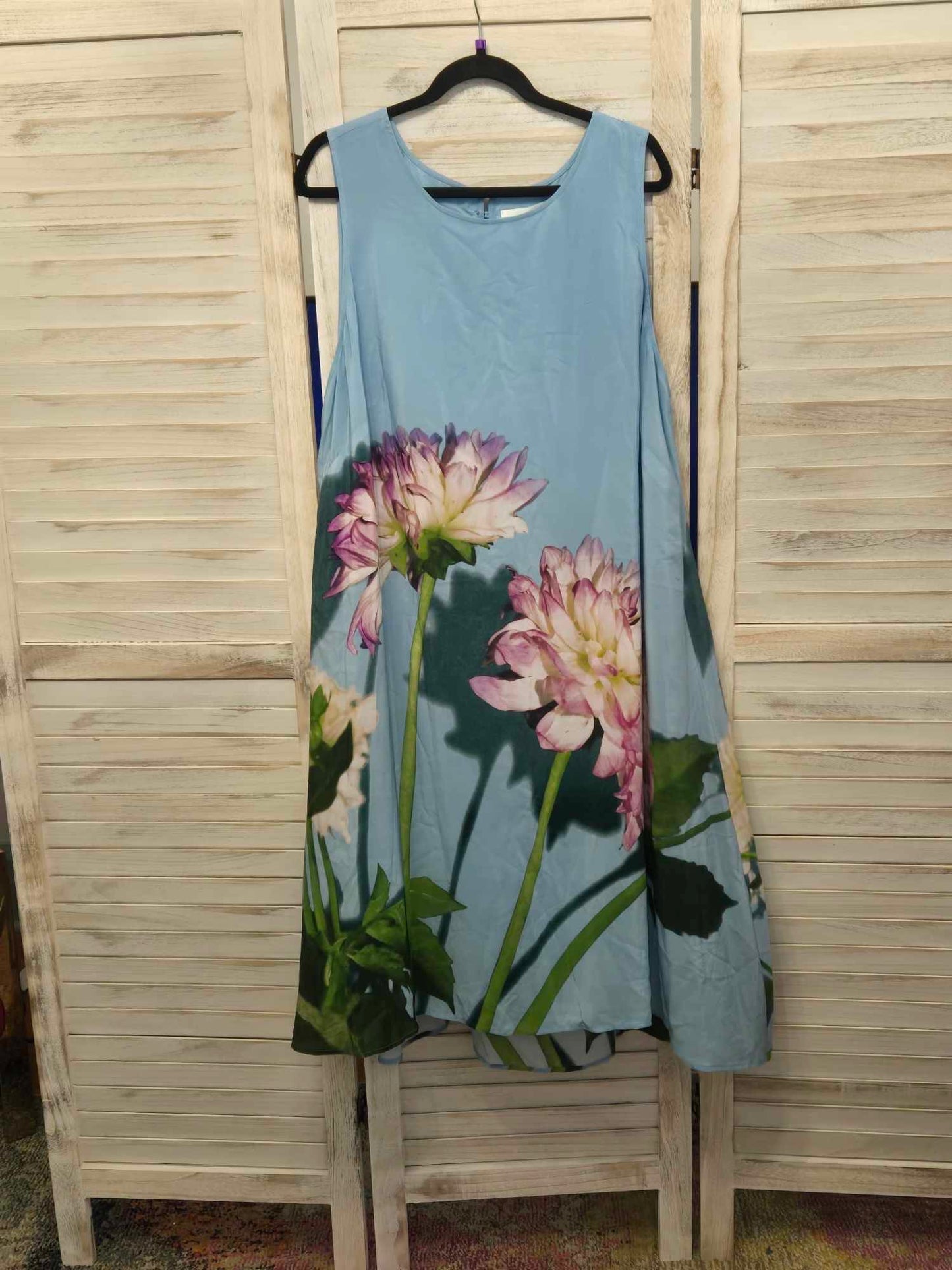 Anthropologie Photorealistic Silk Blue Floral Sleeveless A-line Dress