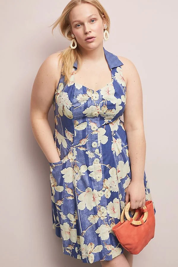 Anthropologie Camellia Midi Collared Denim Floral Sundress