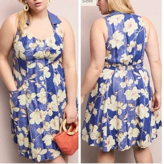 Anthropologie Camellia Midi Collared Denim Floral Sundress